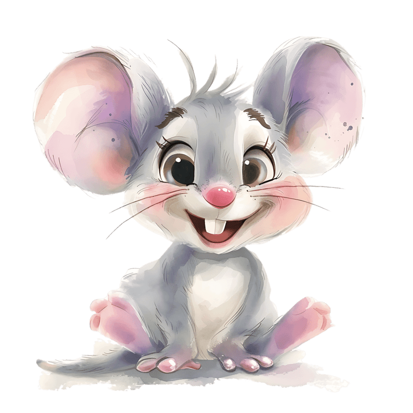 Mouse watercolor character featuring large pink ears and front teeth sitting in a front-facing pose.