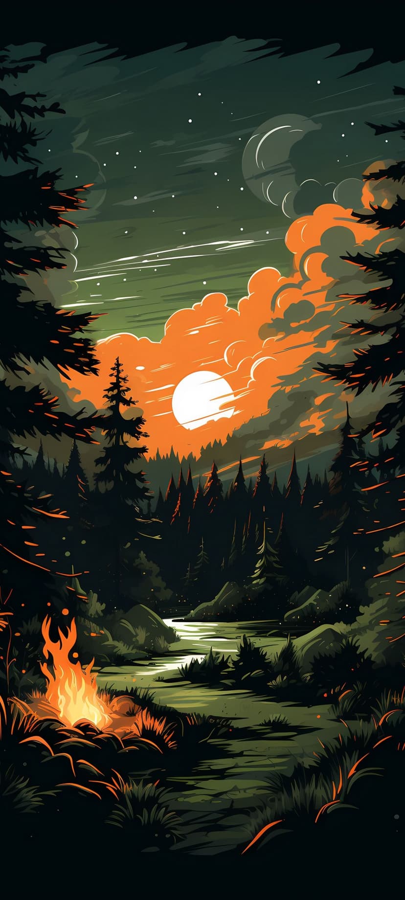 Glowing campfire by a winding river and dense pine forest under a fiery orange sunset sky with a large sun.