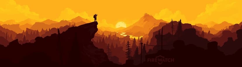 Hiker silhouette on a cliff overlooking an orange sunset mountain valley with a fire lookout tower and forest.