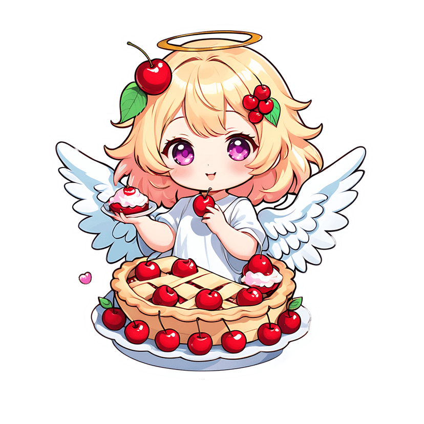 Chibi angel with blonde hair and purple eyes sits behind a lattice cherry pie holding a red fruit and cupcake.