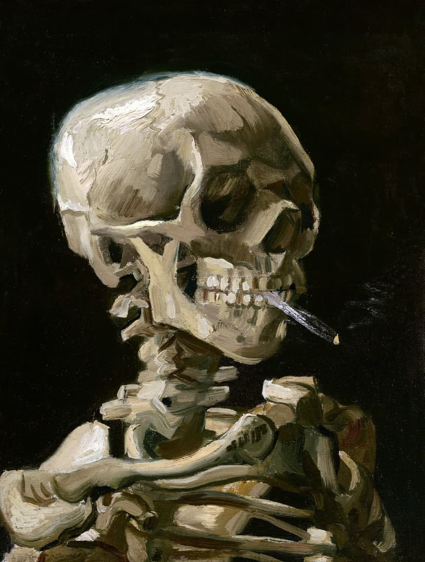Skeleton with prominent teeth holding a lit cigarette as thick smoke swirls against a dark, textured background.