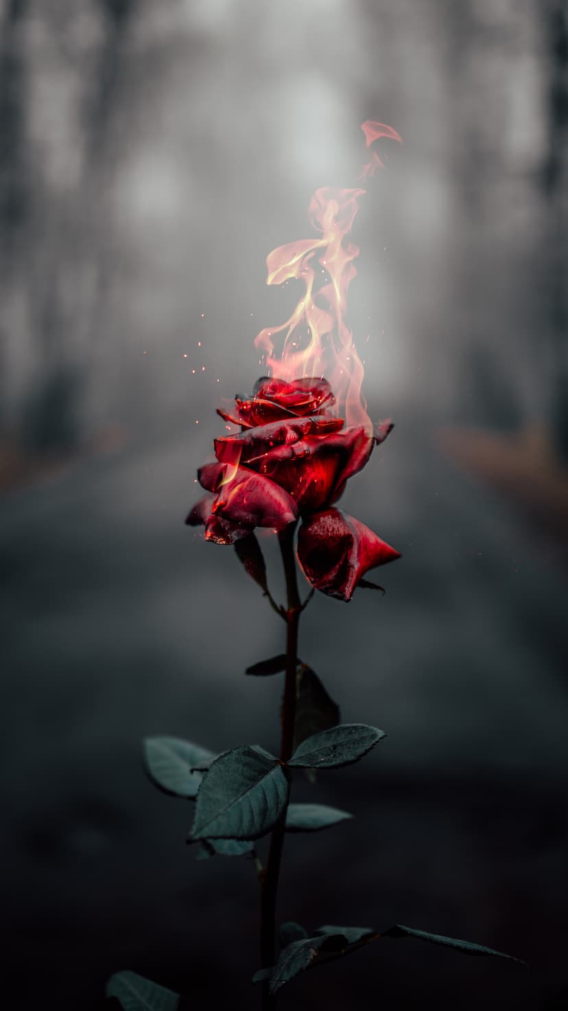 Red rose petals engulfed in orange flames and glowing embers against a dark, misty, and blurred background.