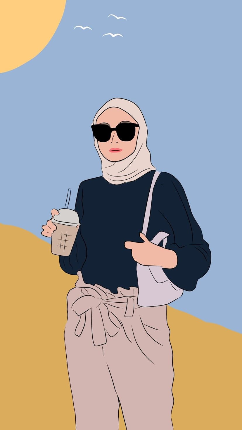 Woman wearing a hijab and sunglasses holds a coffee cup on a sunny beach with a yellow sun and flying birds.