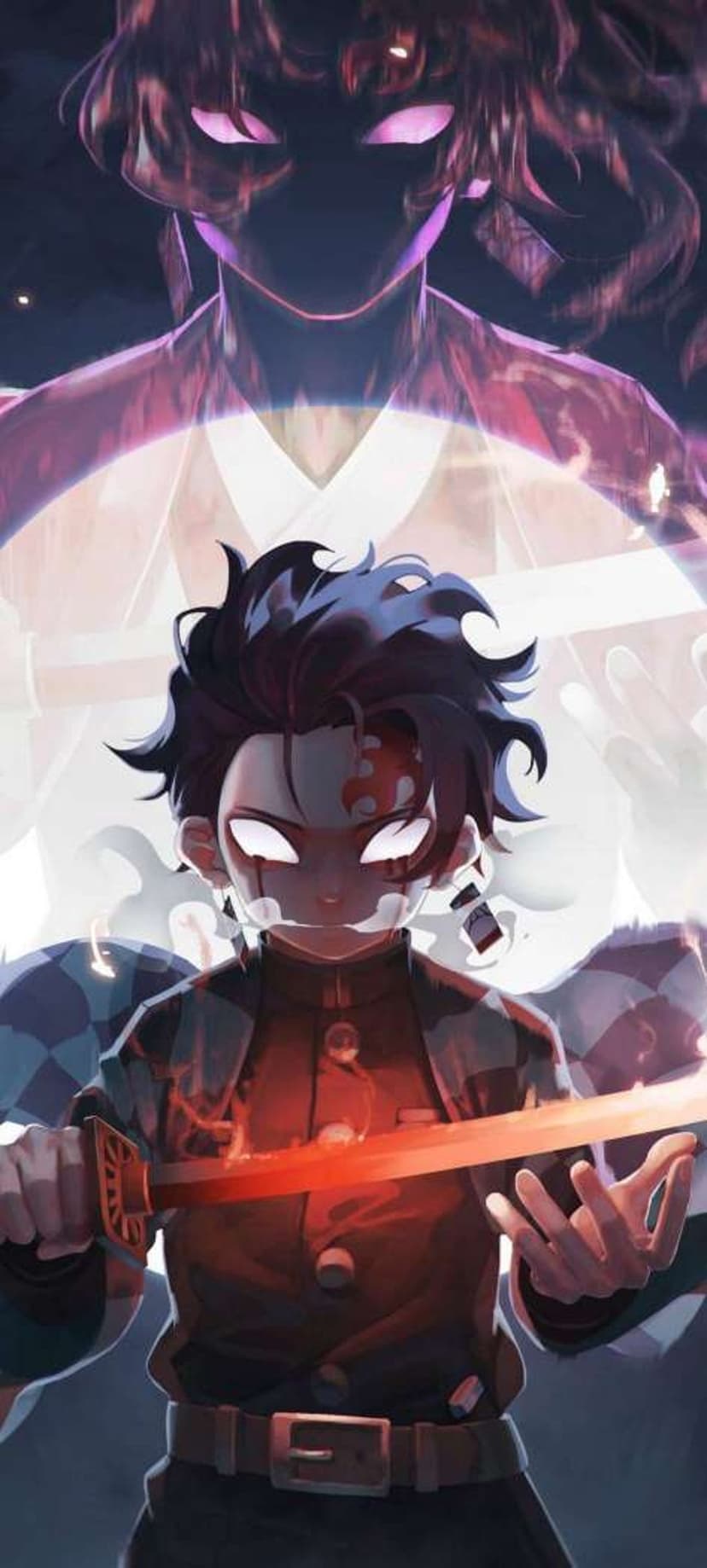 Tanjiro Kamado swings a flaming red katana toward a shadowy Muzan Kibutsuji with glowing purple eyes.