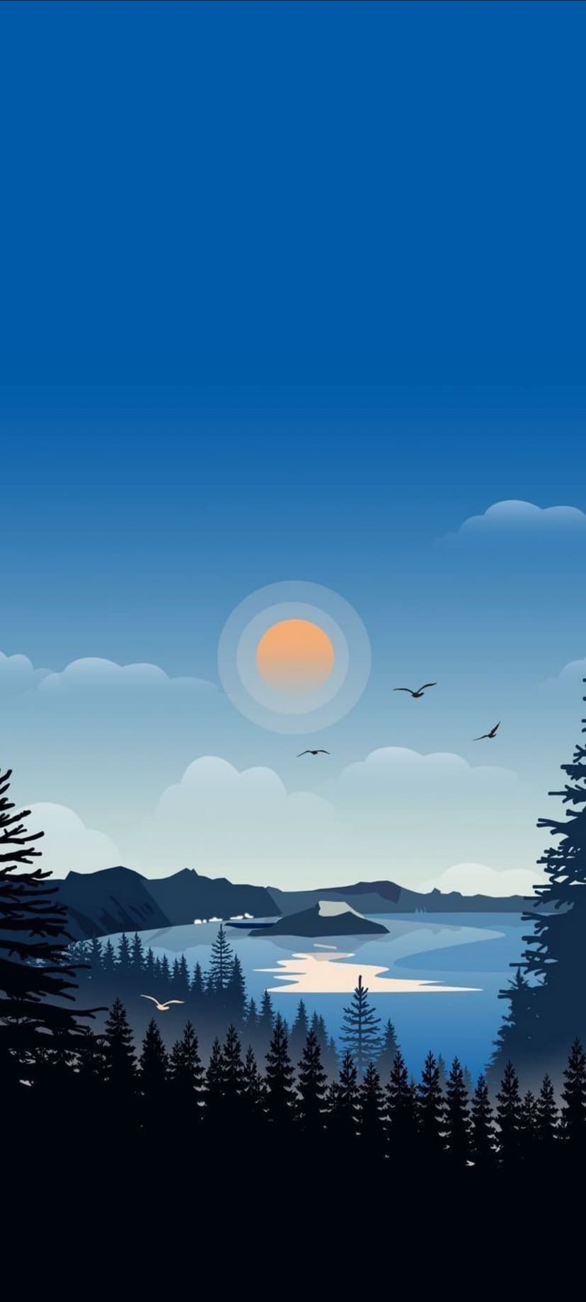Alpine mountains reflect on a still lake at dusk with pine tree silhouettes and birds flying in a blue sky.