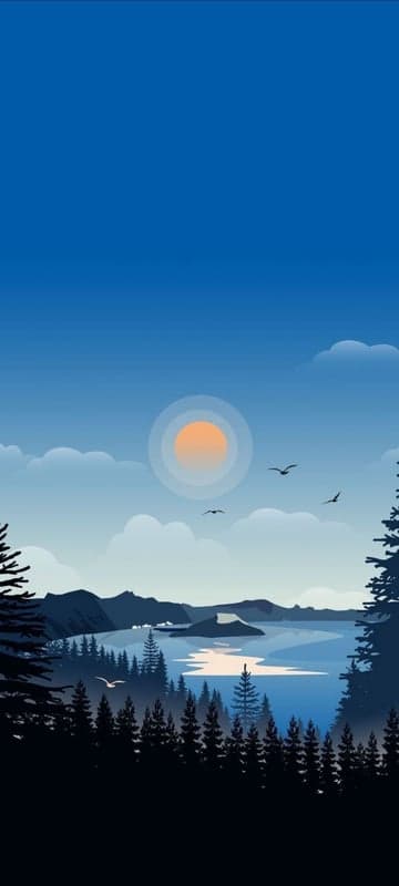 Serene Lakeside Forest with Mountains and Sunset