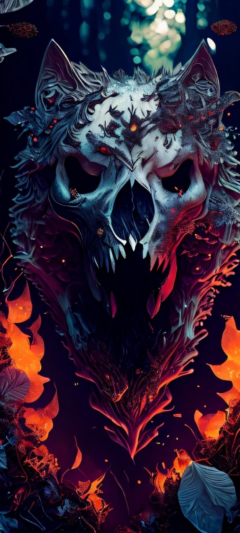 Demonic wolf skull with glowing red eyes and sharp fangs surrounded by flickering embers and dark thorns.