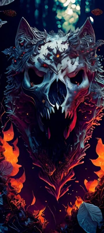 Demonic Wolf Skull with Fiery Embers Background