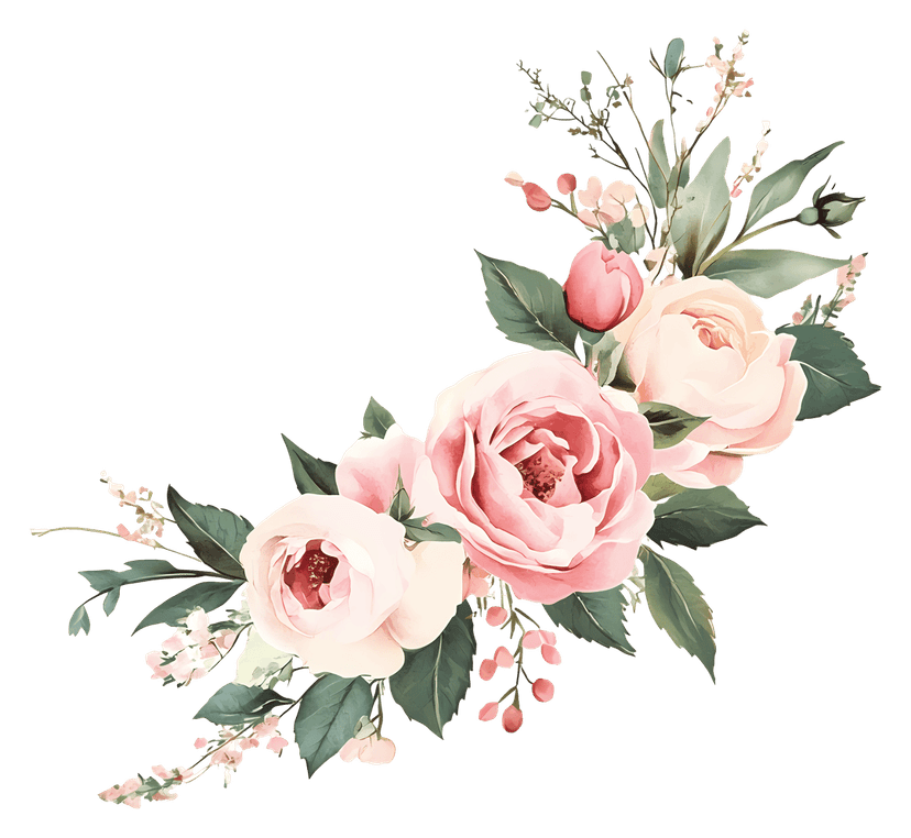Pink rose arrangement shows soft blush blossoms and green leaves with detailed petal textures on a clear layer.