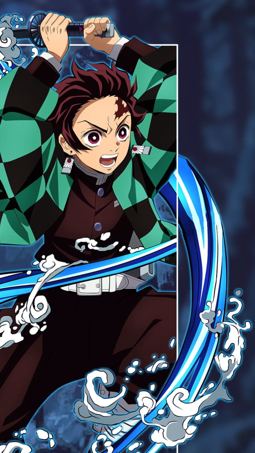 Tanjiro Kamado swings a sword surrounded by spiraling blue water waves while wearing a green checkered cloak.