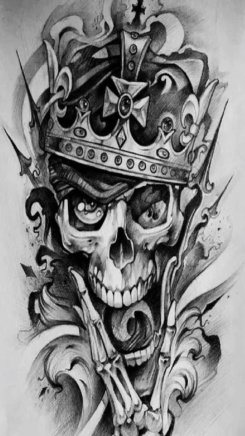 Crowned skull with an open mouth and swirling tongue held by skeletal hands featuring high-contrast dark shading.