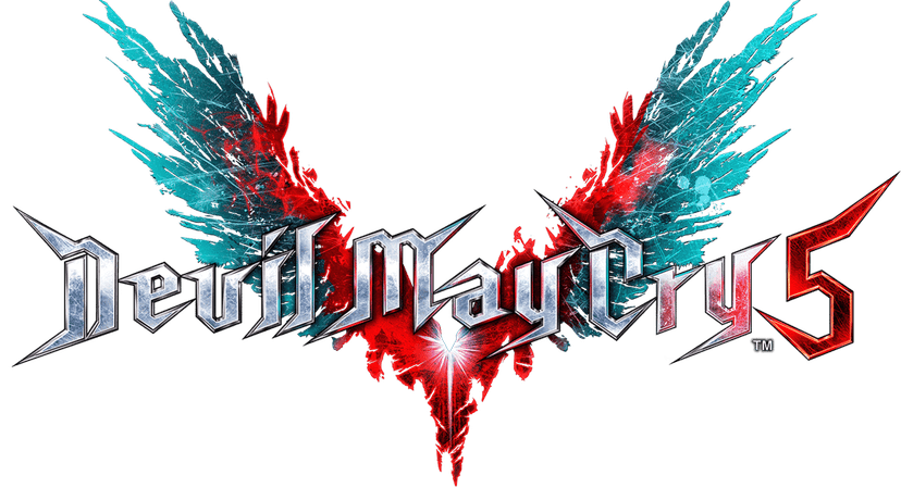 Devil May Cry 5 logo featuring metallic silver serif letters, a red numeral five, and stylized grey wings.