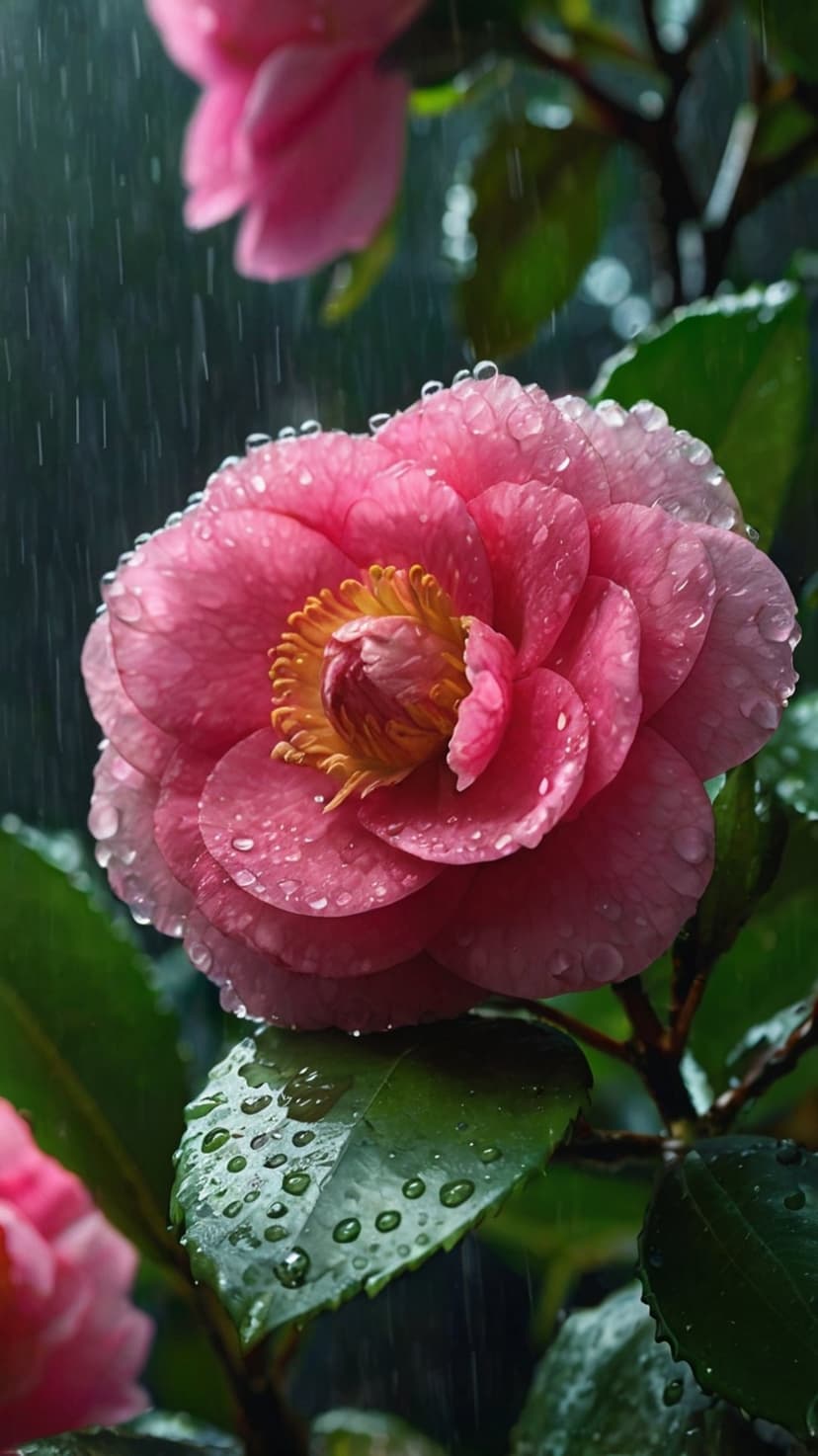 Pink camellia flower petals covered in tiny water droplets against a blurred green leaf background in close-up.