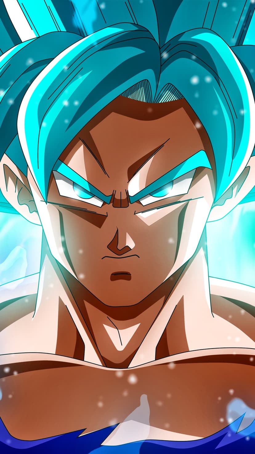 Goku Super Saiyan Blue with glowing cyan eyes and spiky hair surrounded by cold white energy particles and flares.