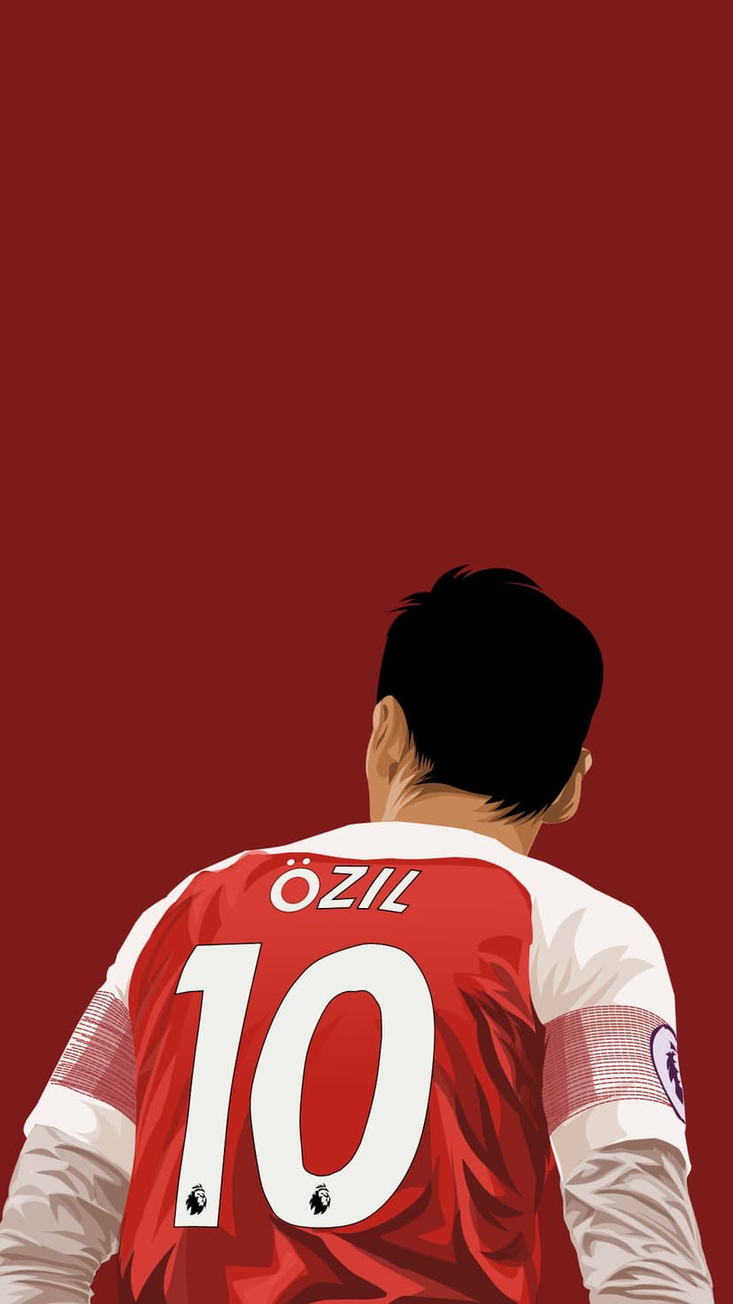 Mesut Özil wearing a red Arsenal jersey with white number 10 lettering viewed from behind on a crimson background.