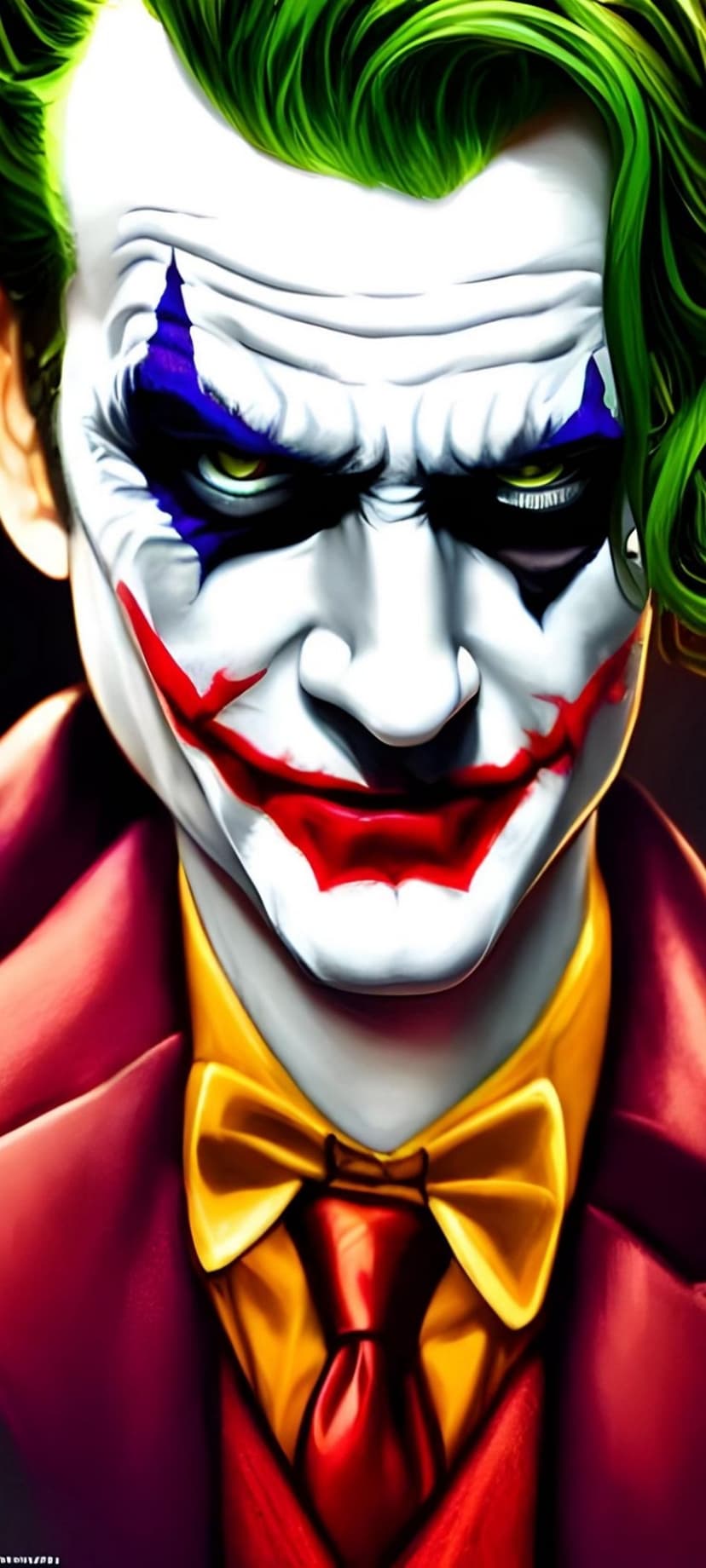 The Joker shows cracked white face paint, green hair, and a wide red smile against a dark, moody background.