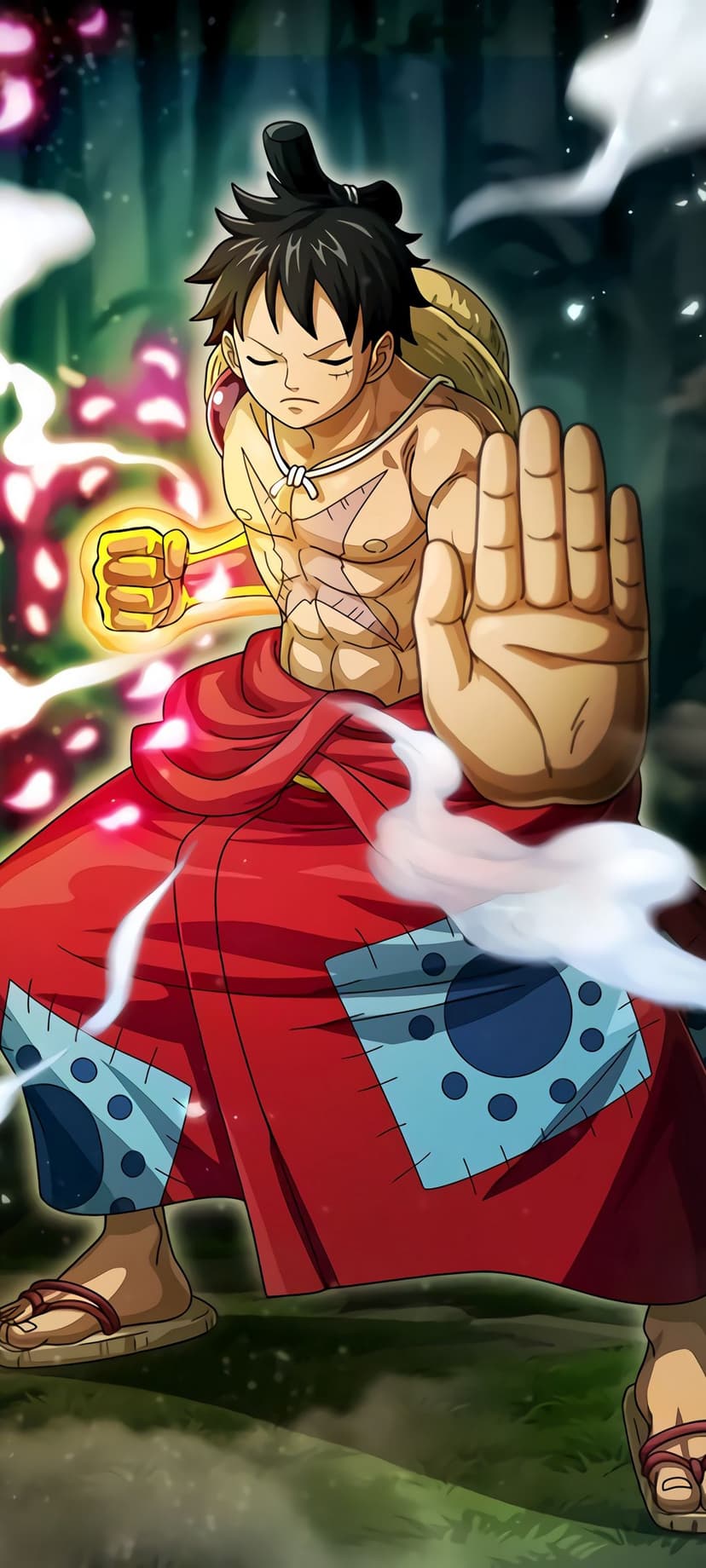 Monkey D. Luffy with an oversized fist stands in a dense green forest wearing a red sash and straw hat.