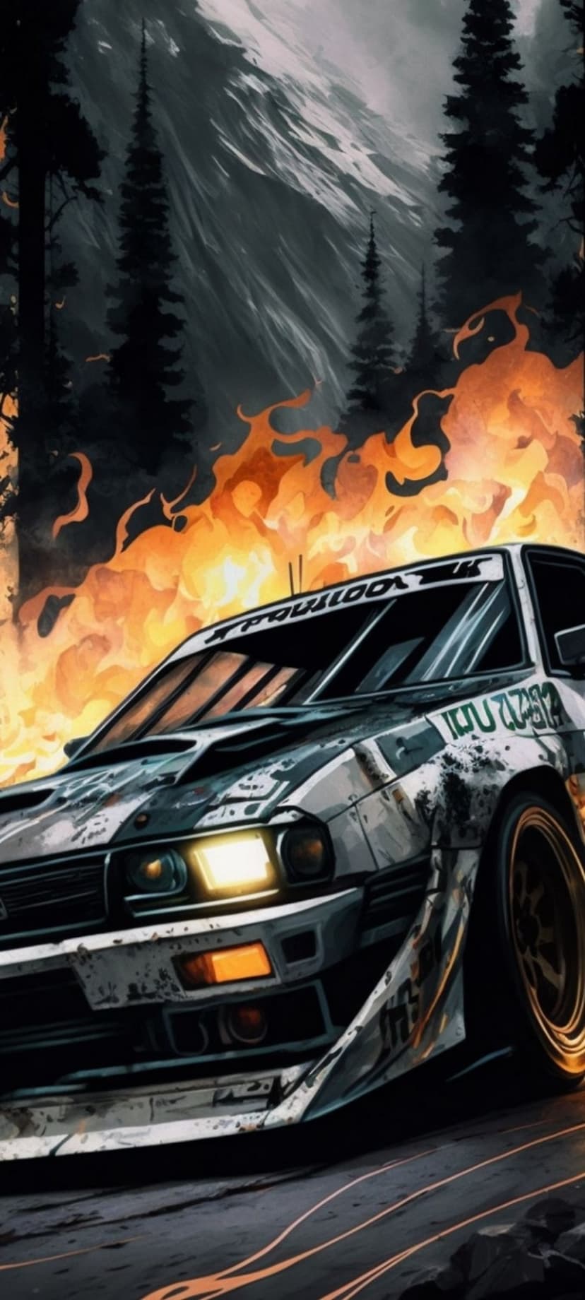 Rally car engulfed in orange flames racing through a dark pine forest with a snowy mountain peak at night.