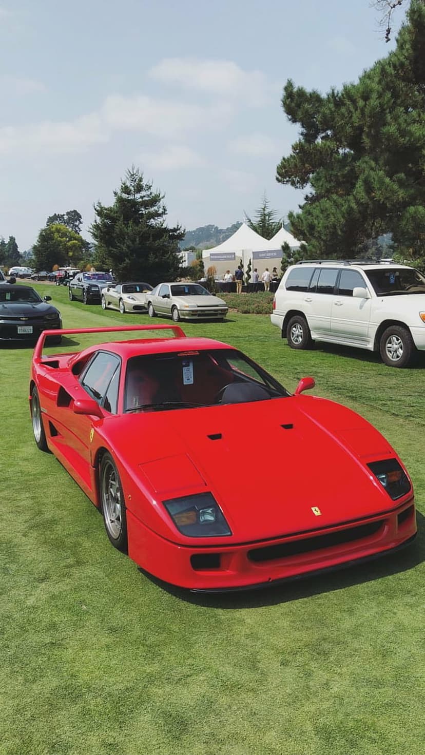 Red Ferrari F40 sports car parked on a green lawn under a bright blue sky with white clouds during a car show.