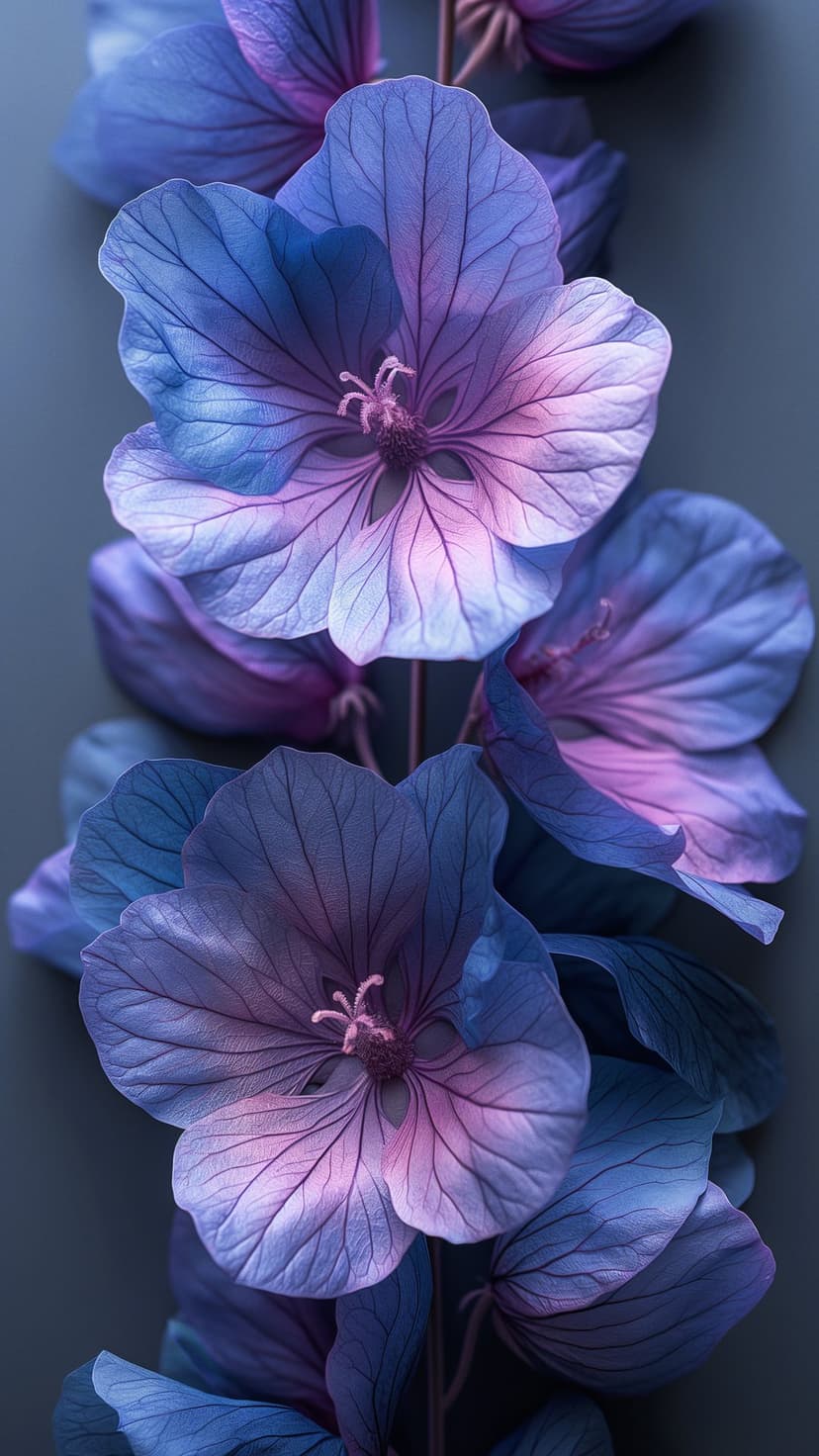 Blue and purple geranium petals showing fine vein textures under soft light in a tight macro photography composition.