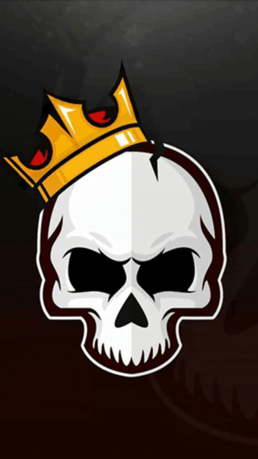 White skull with a golden crown and red jewels set against a dark smoky backdrop with deep black eye voids.