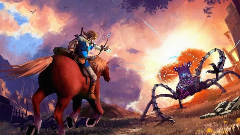 Link on a horse aiming a glowing bow at a multi-legged Guardian robot under a vibrant sunset sky.