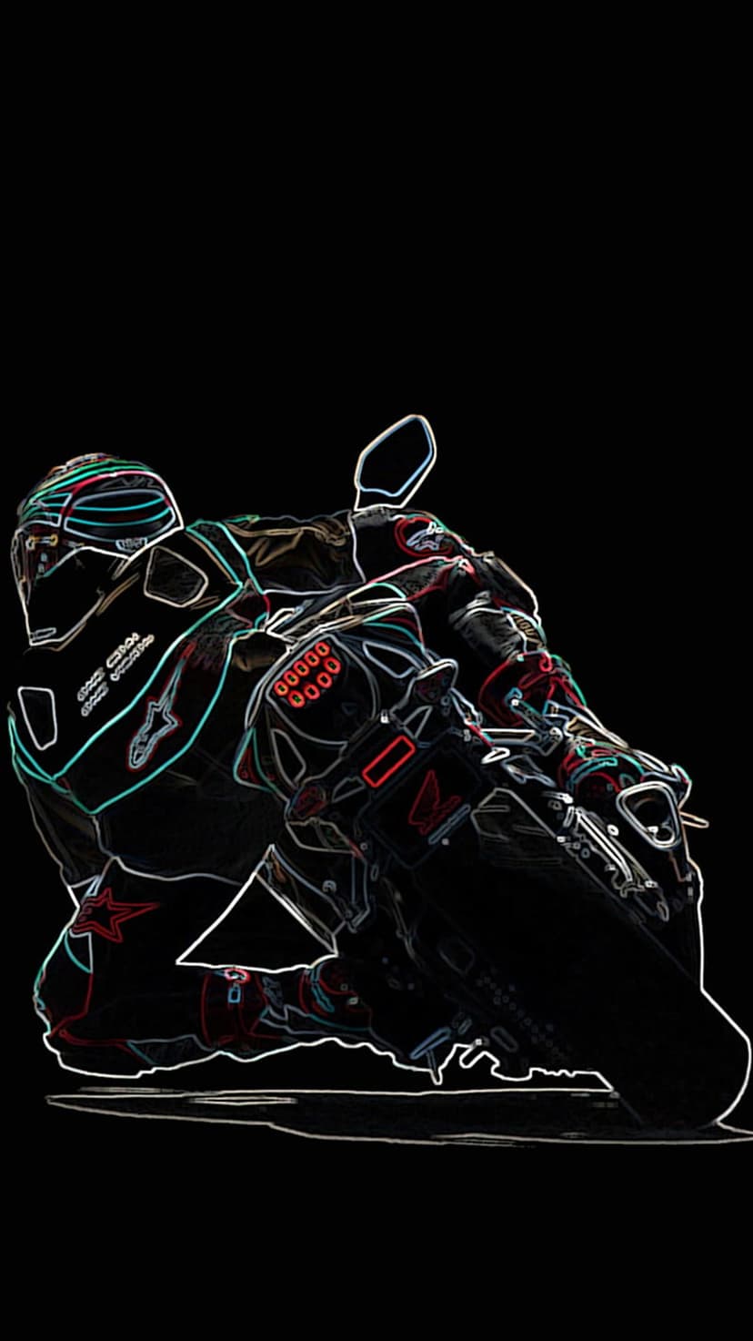 Motorcyclist in full gear leans a sportbike into a sharp turn outlined by glowing neon light trails on black.