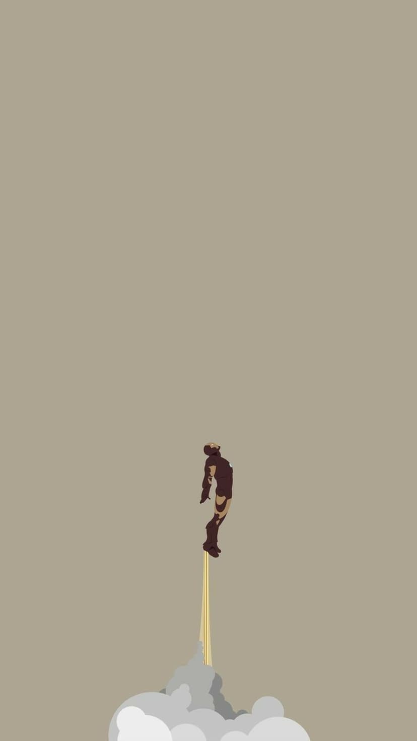Iron Man ascends with golden thruster flames and swirling smoke clouds against a solid light brown background.