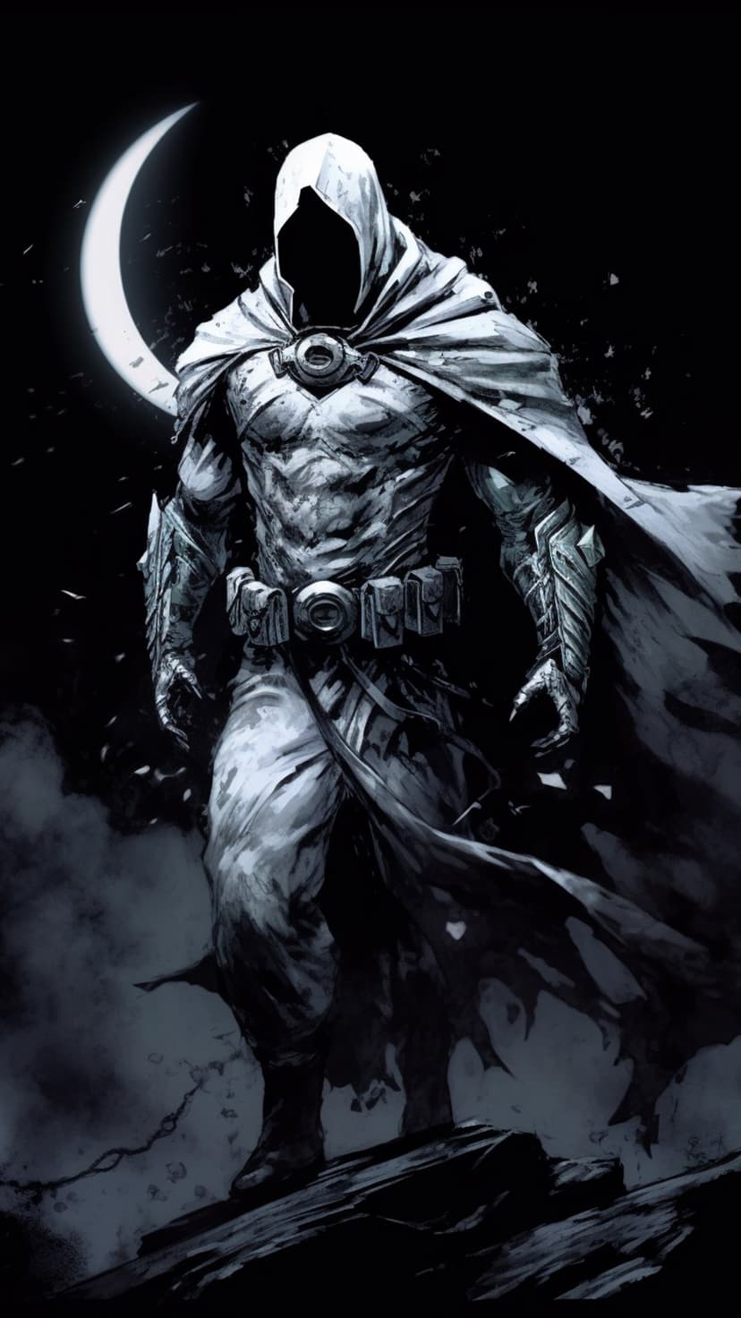 Moon Knight in a white hooded suit stands on rocks beneath a large crescent moon against a dark sky.