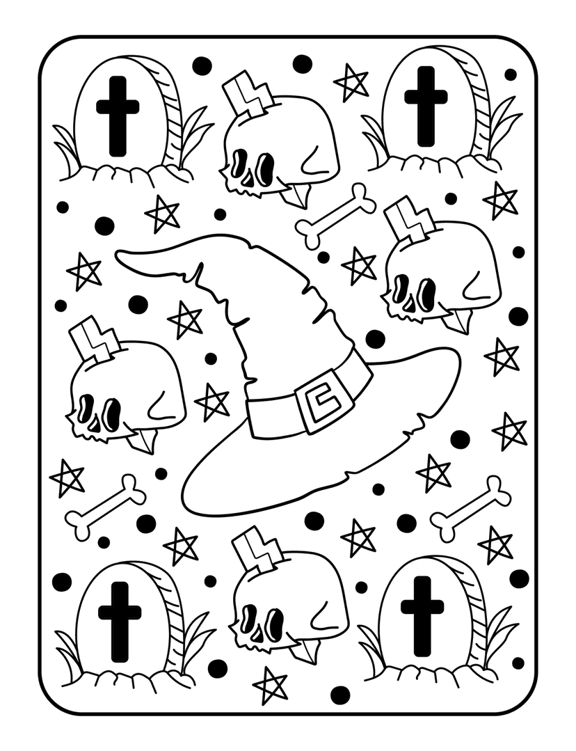 Halloween coloring page showing a witch hat among skulls and bones with a polka dot background and stars.