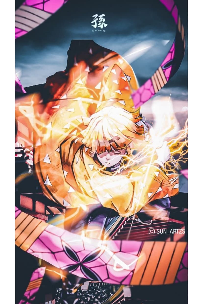 Zenitsu Agatsuma crouches with a hand on his katana as bright yellow lightning bolts crackle around his body.