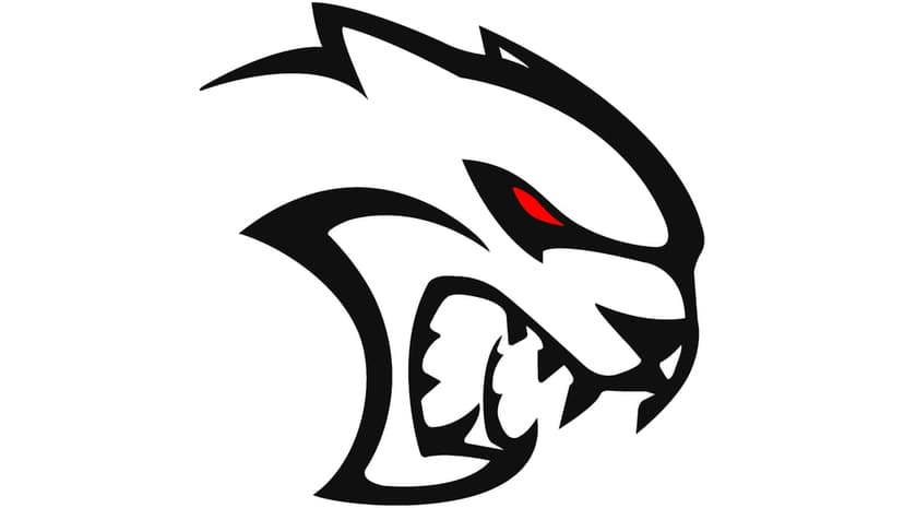 Aggressive black Dodge Hellcat logo with a glowing red eye set against a stark white landscape background.
