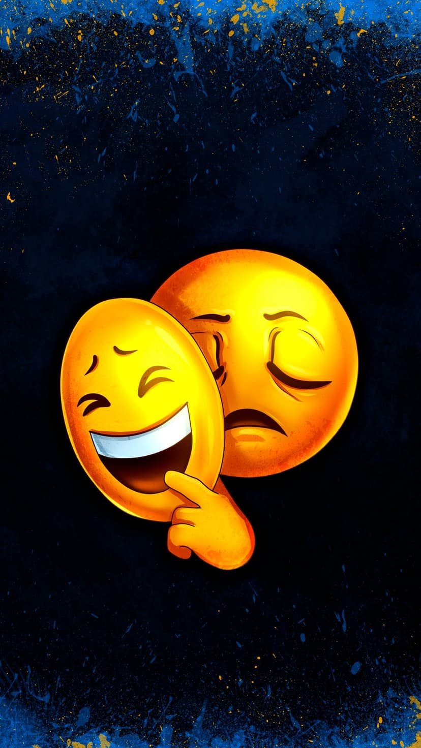 Sad emoji with closed eyes hiding behind a yellow smiling mask held by a hand on a navy textured background.