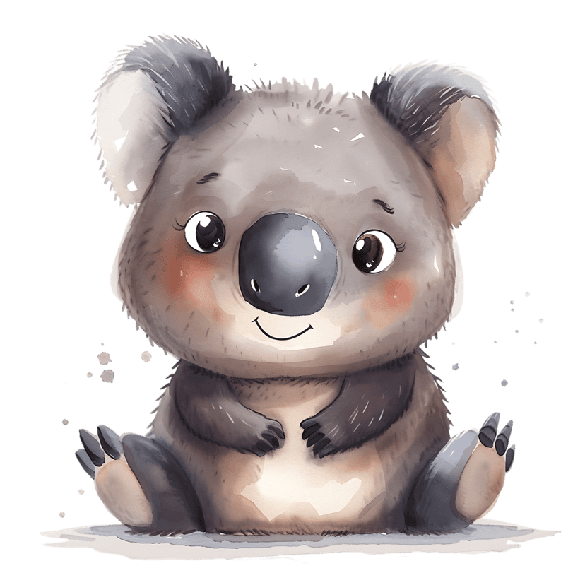 Watercolor koala bear illustration sitting with pink blush cheeks, fluffy grey ears, and large dark eyes.