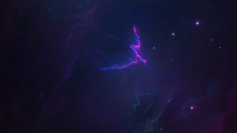 Purple cosmic nebula swirling across deep space with bright blue starlight and glowing galactic dust particles.