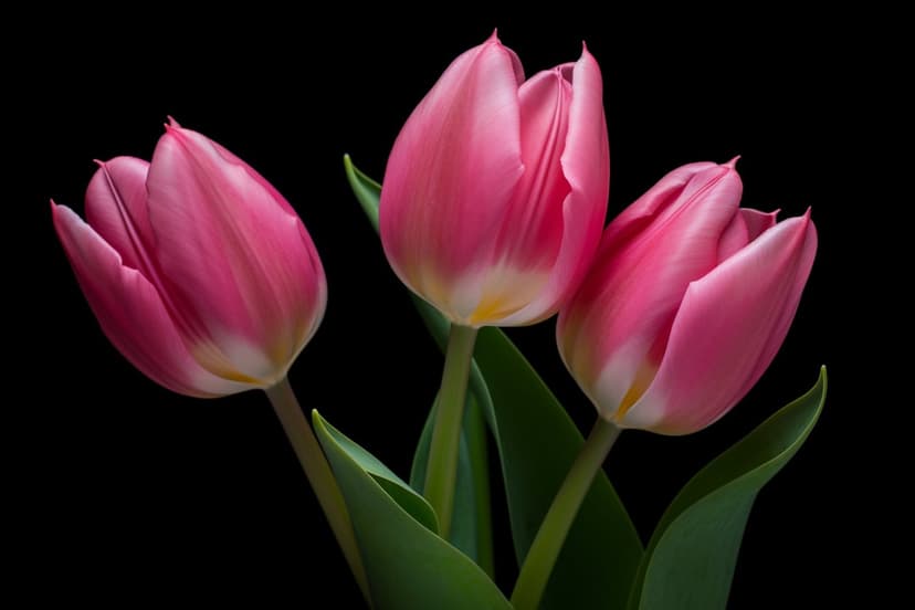 Three pink tulips with white edges and green leaves emerge from a solid black background in vertical orientation.
