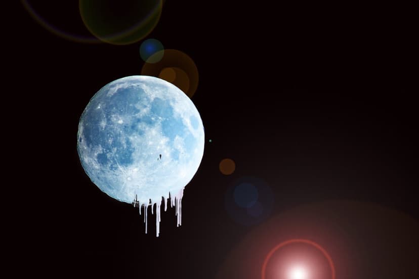 Frozen moon with jagged icicles hangs in a dark cosmic void filled with soft lens flares and distant stars.