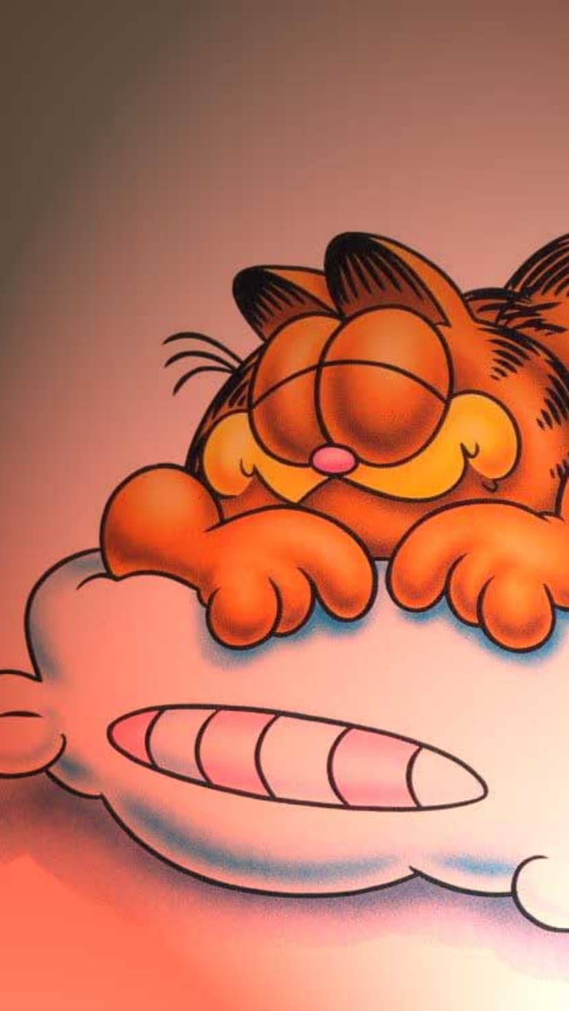 Garfield the orange cat sleeps peacefully on a fluffy white cloud against a pink and brown gradient background.