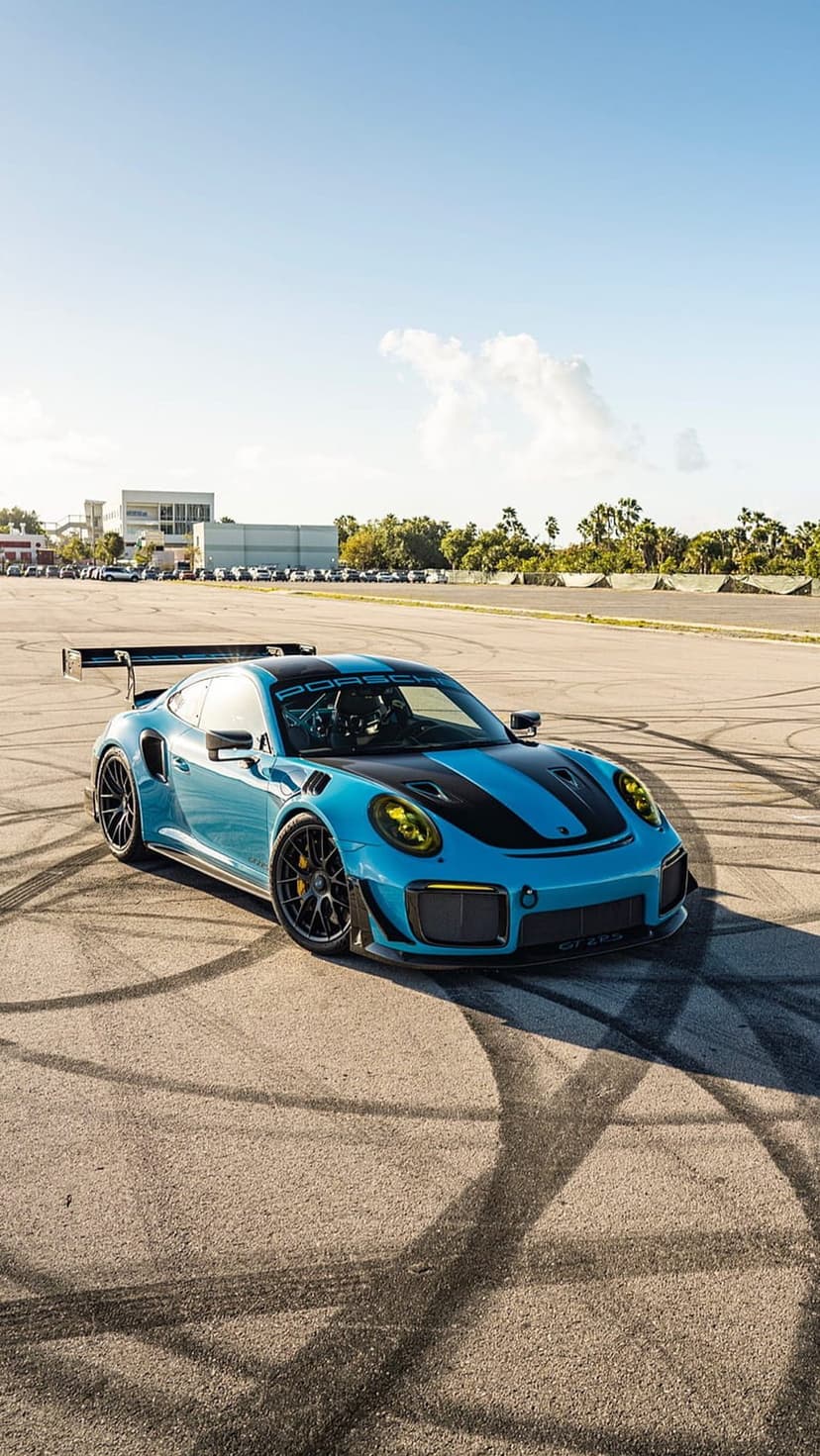 Blue Porsche GT2 RS parked on asphalt with circular tire marks and glowing yellow headlights on a race track.