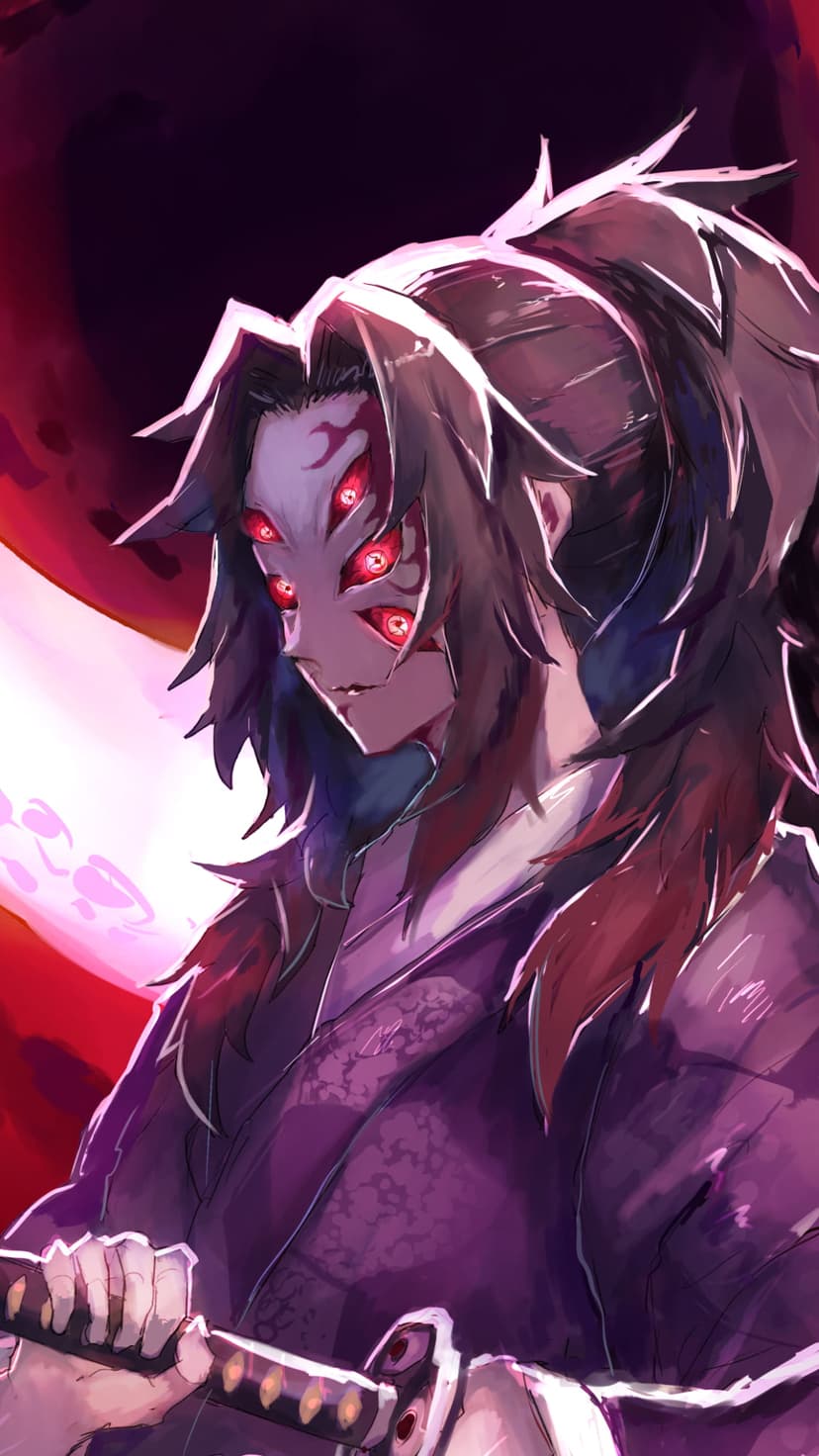 Kokushibo from Demon Slayer with six eyes holds a katana against a dark background with red and purple accents.