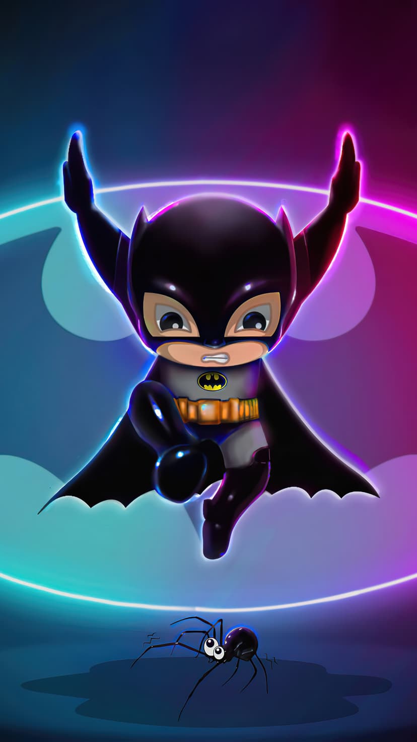 Chibi Batman leaps through glowing neon logos above a small wide-eyed spider on a dark purple background.