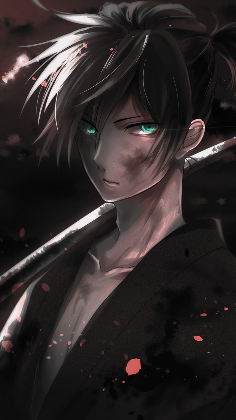 Yato with glowing emerald eyes and messy dark hair stares forward with a katana hilt visible over his shoulder.