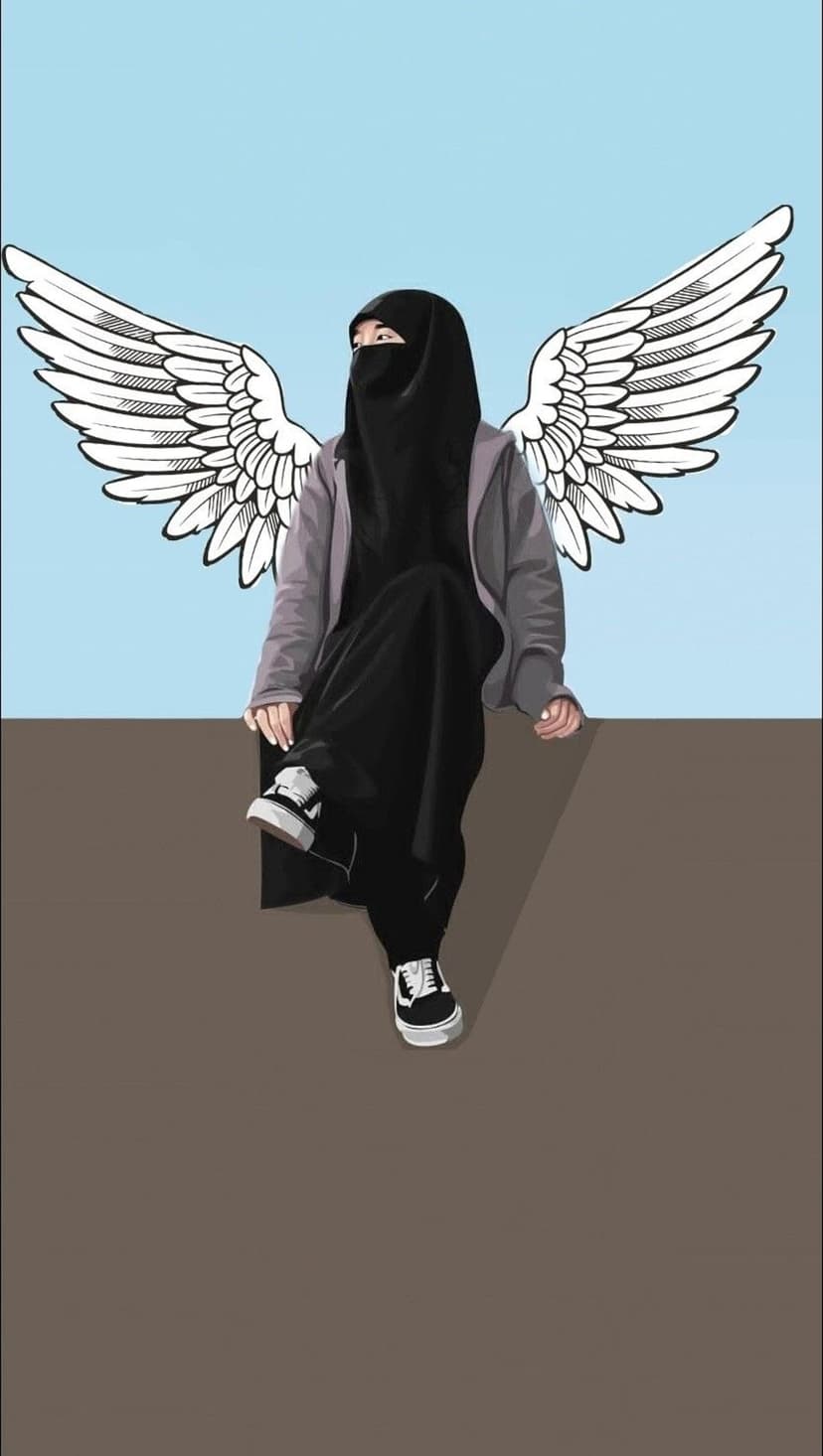 Woman in a black niqab with large white angel wings sits on a ledge against a bright blue sky background.