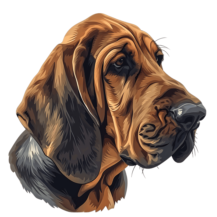 Bloodhound dog portrait featuring realistic brown fur, wrinkled skin, and long ears in a digital painting style.