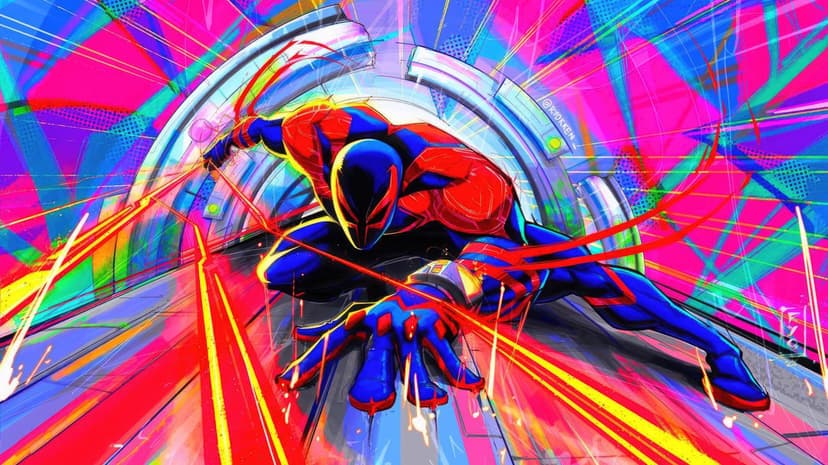 Spider Man 2099 Miguel OHara leaps through a futuristic neon city wearing a textured blue and red armor suit.