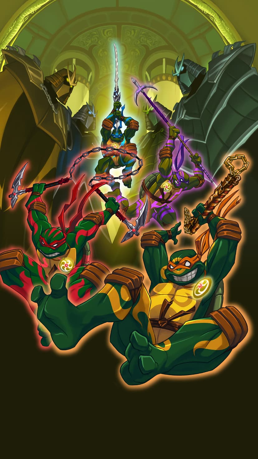 Four mutant turtles clash with Shredder and Krang in a dynamic vertical city scene with sharp weaponry.