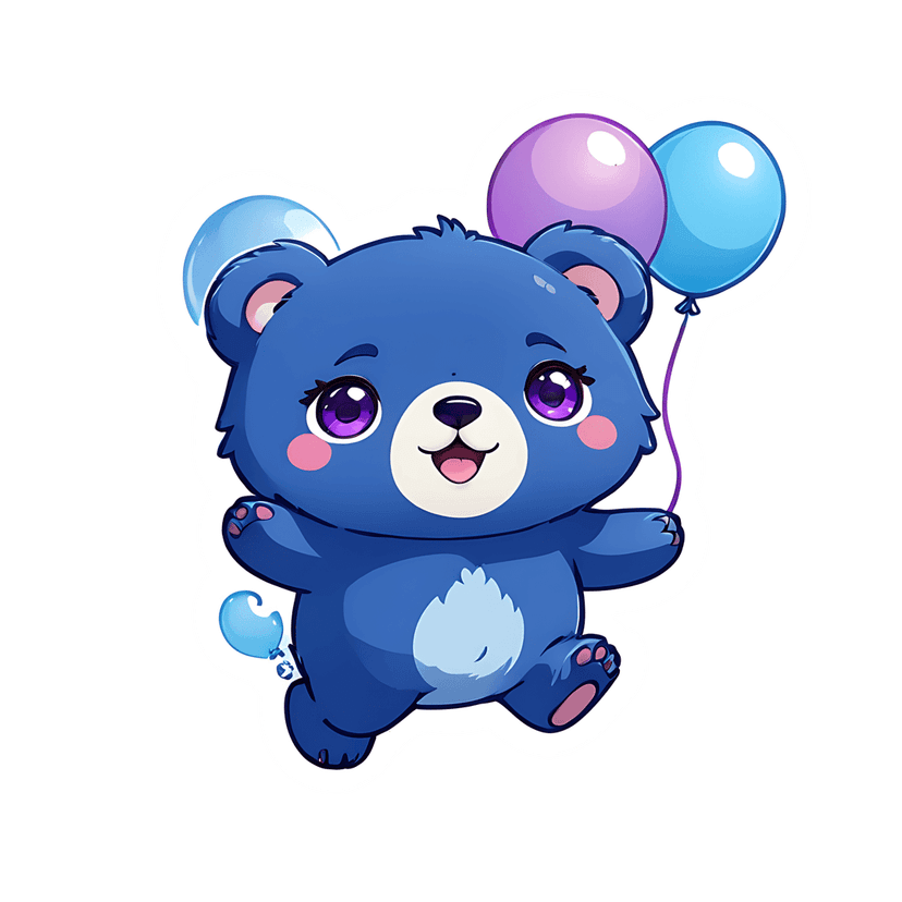 Blue bear sticker illustration holding purple balloons featuring soft fur texture and a white border outline.