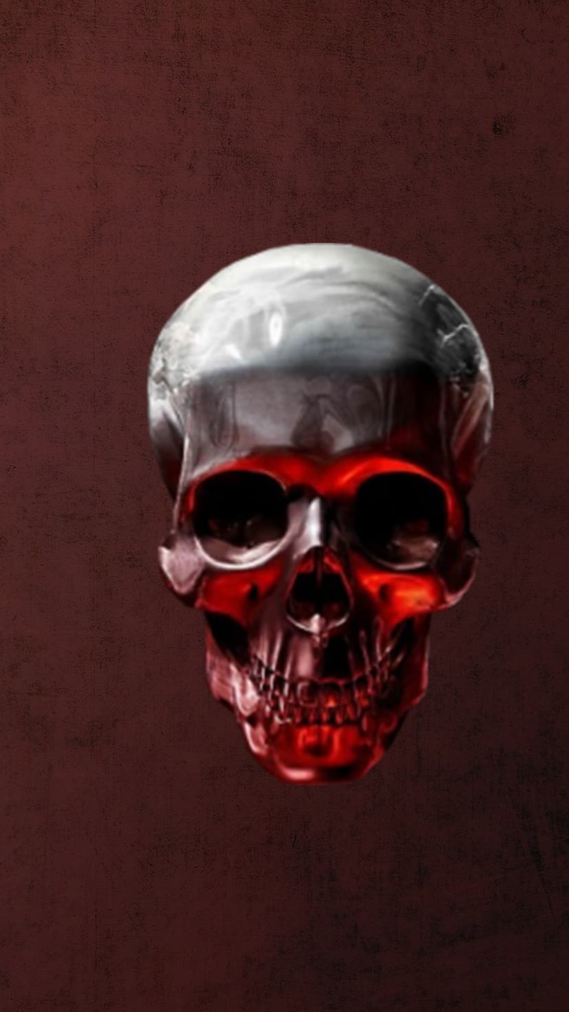 Red skull with a reflective metallic cranium and glowing eye sockets centered on a dark textured background.