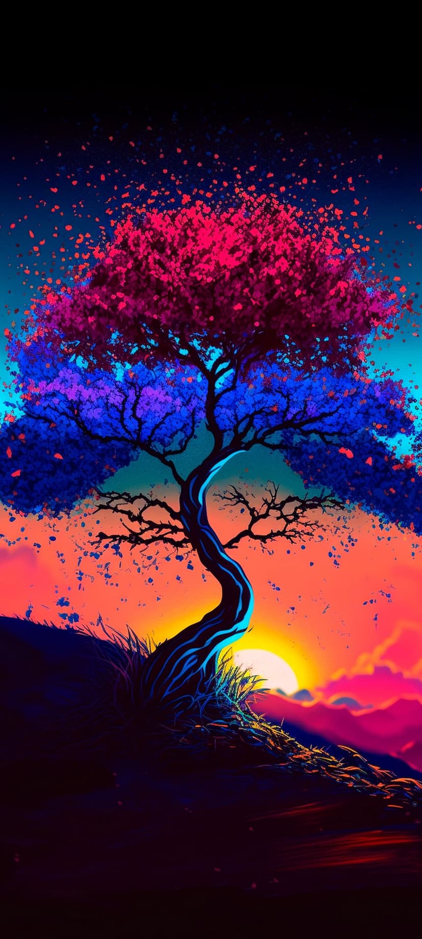 Silhouetted tree with glowing blue roots stands before a pink and purple sunset with falling colorful leaves.