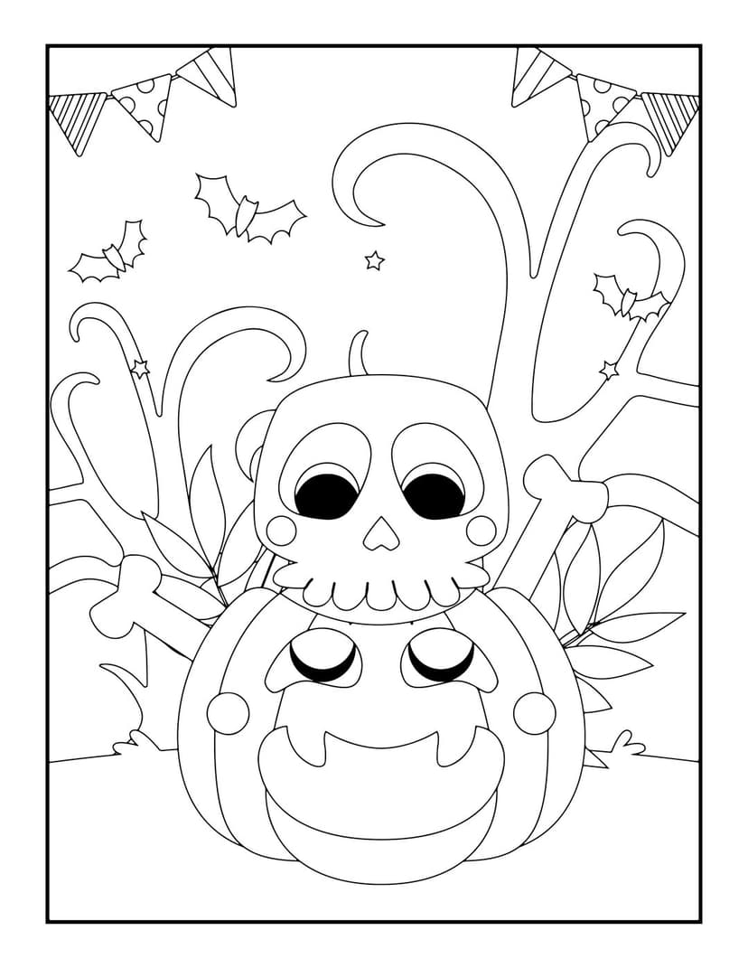 Halloween coloring page line art featuring a skull atop a pumpkin with bats and bunting against white background.